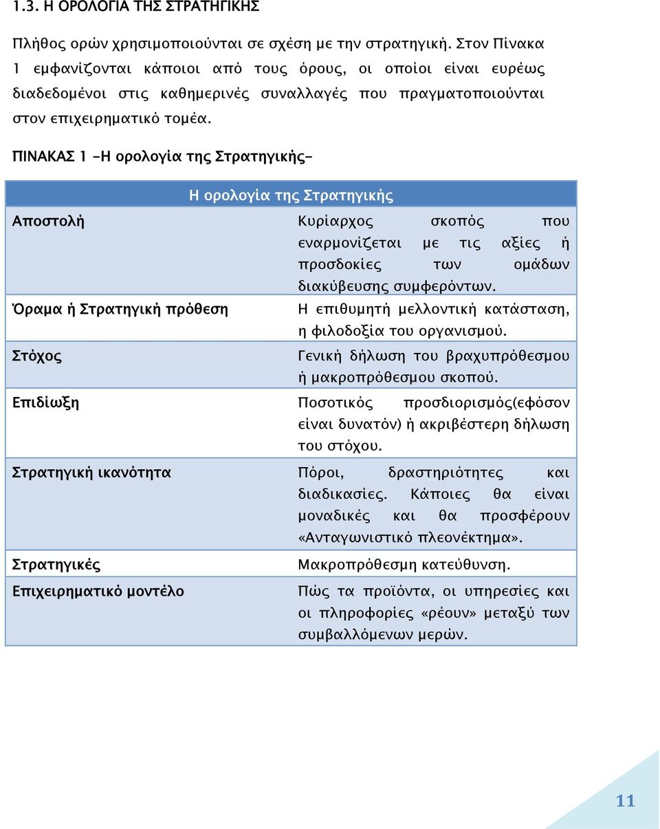ΠΙΝΑΚΑΣ 1 -Η ορολογία της Στρατηγικής- Η ορολογία της Στρατηγικής Αποστολή Κυρίαρχος σκοπός που εναρμονίζεται με τις αξίες ή προσδοκίες των ομάδων διακύβευσης συμφερόντων.