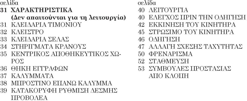 39 ΚΑΤΑΚΟΡΥΦΗ ΡΥΘΜΙΣΗ ΔΕΣΜΗΣ ΠΡΟΒΟΛΕΑ σελίδα 40 ΛΕΙΤΟΥΡΓΙΑ 40 ΕΛΕΓΧΟΣ ΠΡΙΝ ΤΗΝ ΟΔΗΓΗΣΗ 42 ΕΚΚΙΝΗΣΗ ΤΟΥ ΚΙΝΗΤΗΡΑ 45