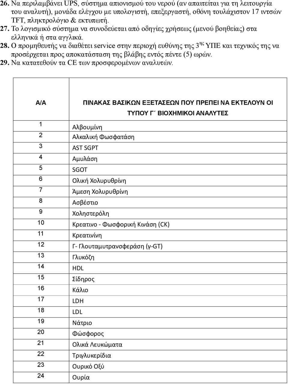 Ο προμηθευτής να διαθέτει service στην περιοχή ευθύνης της 3 ης ΥΠΕ και τεχνικός της να προσέρχεται προς αποκατάσταση της βλάβης εντός πέντε (5) ωρών. 29.