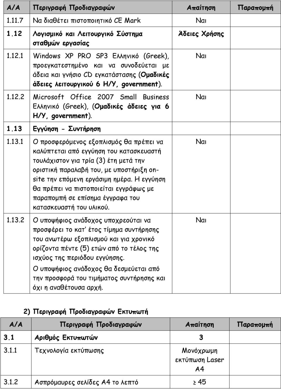 1 Windows XP PRO SP3 Ελληνικό (Greek), προεγκατεστημένο και να συνοδεύεται με άδεια και γνήσιο CD εγκατάστασης (Ομαδικές άδειες λειτουργικού 6 Η/Υ, government). 1.12.