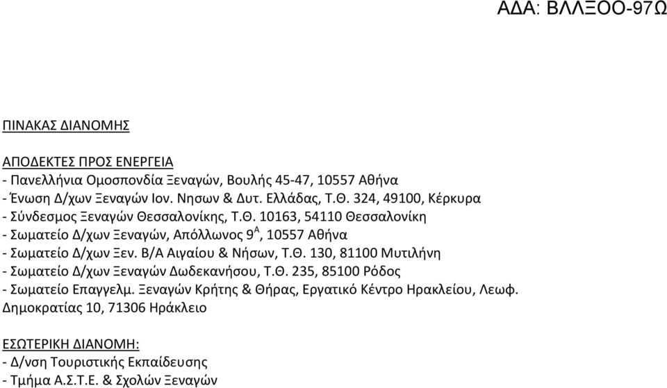 Β/Α Αιγαίου & Νήσων, Τ.Θ. 130, 81100 Μυτιλήνη - Σωματείο Δ/χων Ξεναγών Δωδεκανήσου, Τ.Θ. 235, 85100 Ρόδος - Σωματείο Επαγγελμ.