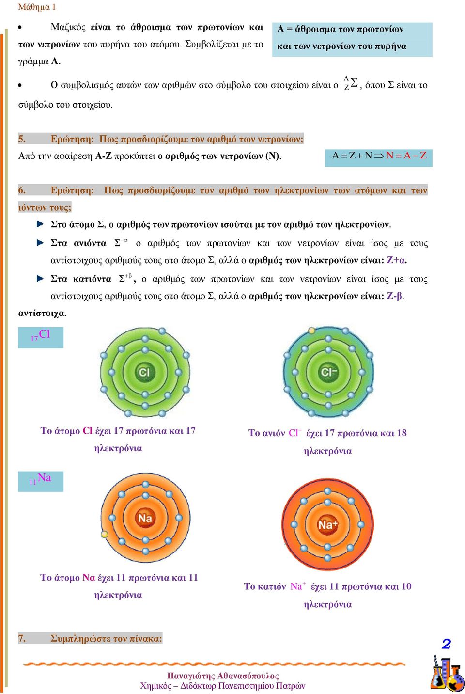 Ερώτηση: Πως προσδιορίζουμε τον αριθμό των νετρονίων; Από την αφαίρεση Α-Ζ προκύπτει ο αριθμός των νετρονίων (Ν). A Z N NA Z 6.