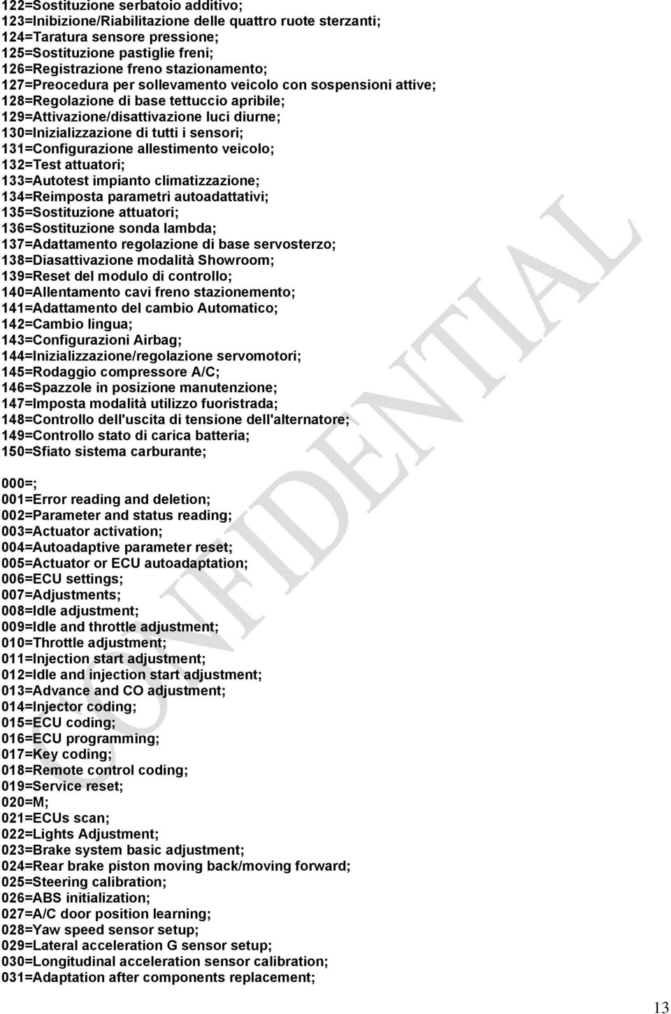 sensori; 131=Configurazione allestimento veicolo; 132=Test attuatori; 133=Autotest impianto climatizzazione; 134=Reimposta parametri autoadattativi; 135=Sostituzione attuatori; 136=Sostituzione sonda
