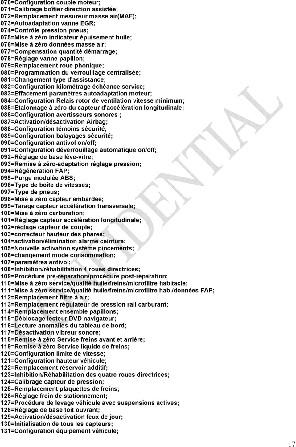 centralisée; 081=Changement type d'assistance; 082=Configuration kilométrage échéance service; 083=Effacement paramètres autoadaptation moteur; 084=Configuration Relais rotor de ventilation vitesse