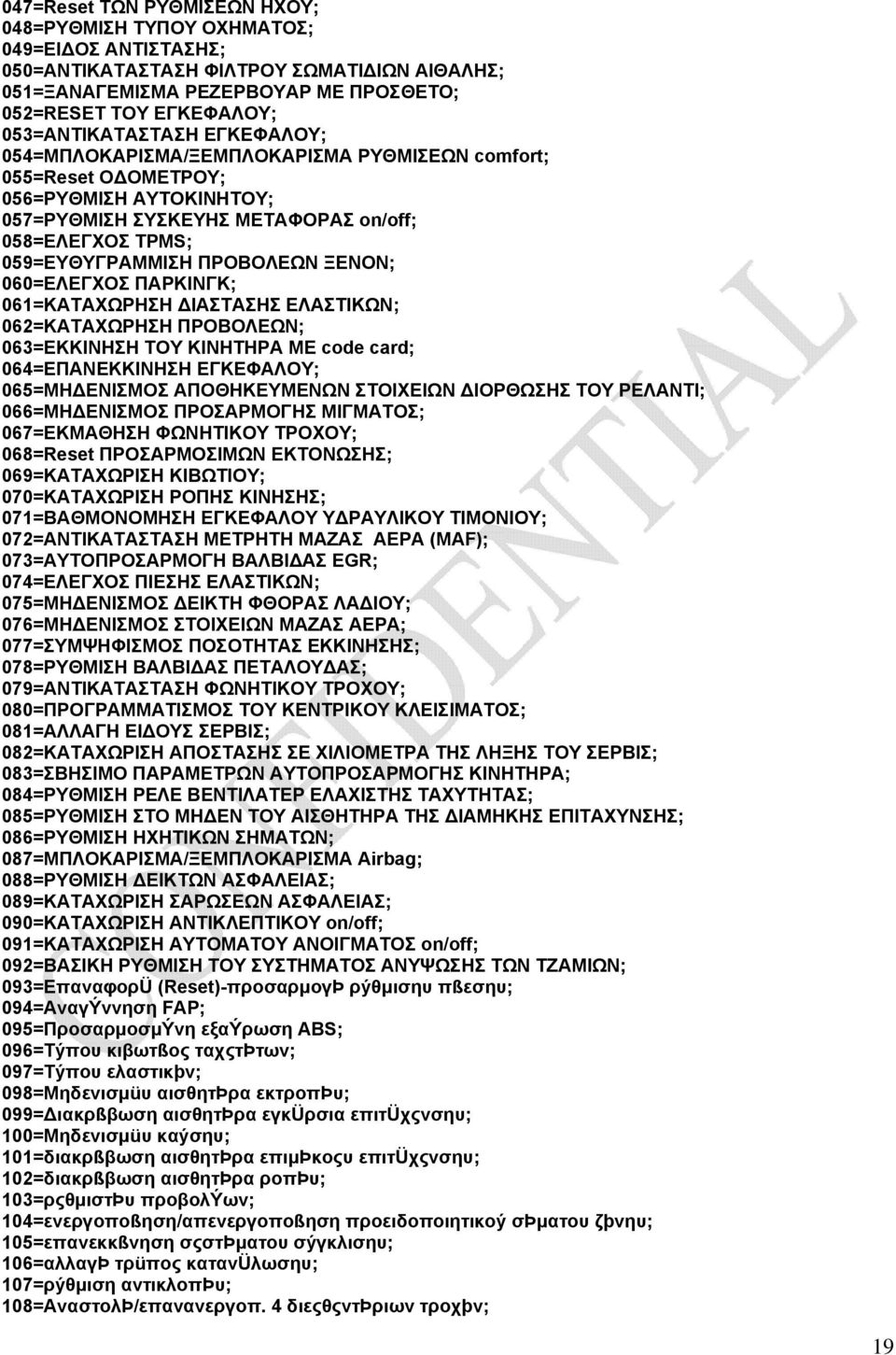ΠΡΟΒΟΛΕΩΝ ΞΕΝΟΝ; 060=ΕΛΕΓΧΟΣ ΠΑΡΚΙΝΓΚ; 061=ΚΑΤΑΧΩΡΗΣΗ ΔΙΑΣΤΑΣΗΣ ΕΛΑΣΤΙΚΩΝ; 062=ΚΑΤΑΧΩΡΗΣΗ ΠΡΟΒΟΛΕΩΝ; 063=ΕΚΚΙΝΗΣΗ ΤΟΥ ΚΙΝΗΤΗΡΑ ΜΕ code card; 064=ΕΠΑΝΕΚΚΙΝΗΣΗ ΕΓΚΕΦΑΛΟΥ; 065=ΜΗΔΕΝΙΣΜΟΣ ΑΠΟΘΗΚΕΥΜΕΝΩΝ