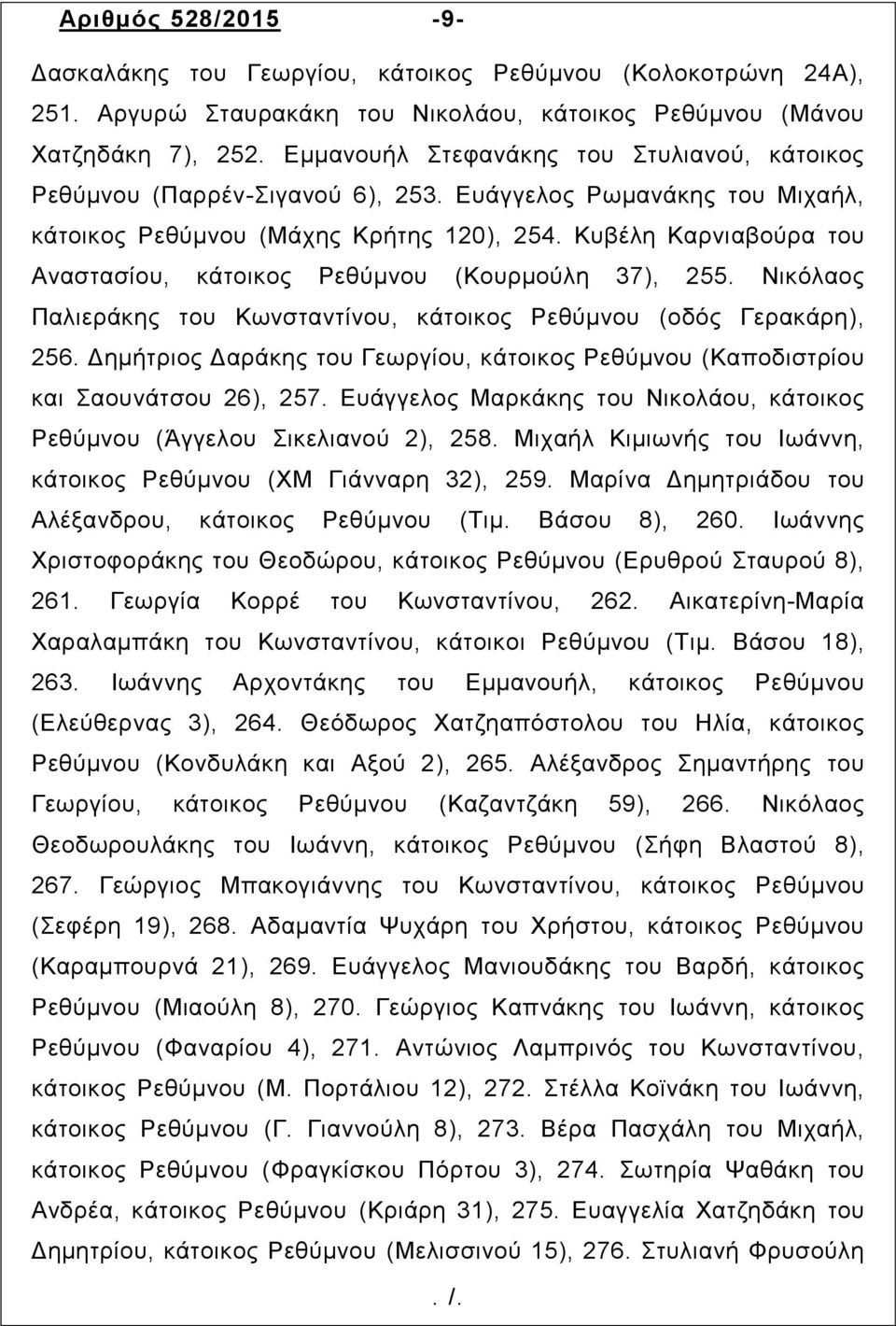 Κυβέλη Καρνιαβούρα του Αναστασίου, κάτοικος Ρεθύµνου (Κουρµούλη 37), 255. Νικόλαος Παλιεράκης του Κωνσταντίνου, κάτοικος Ρεθύµνου (οδός Γερακάρη), 256.