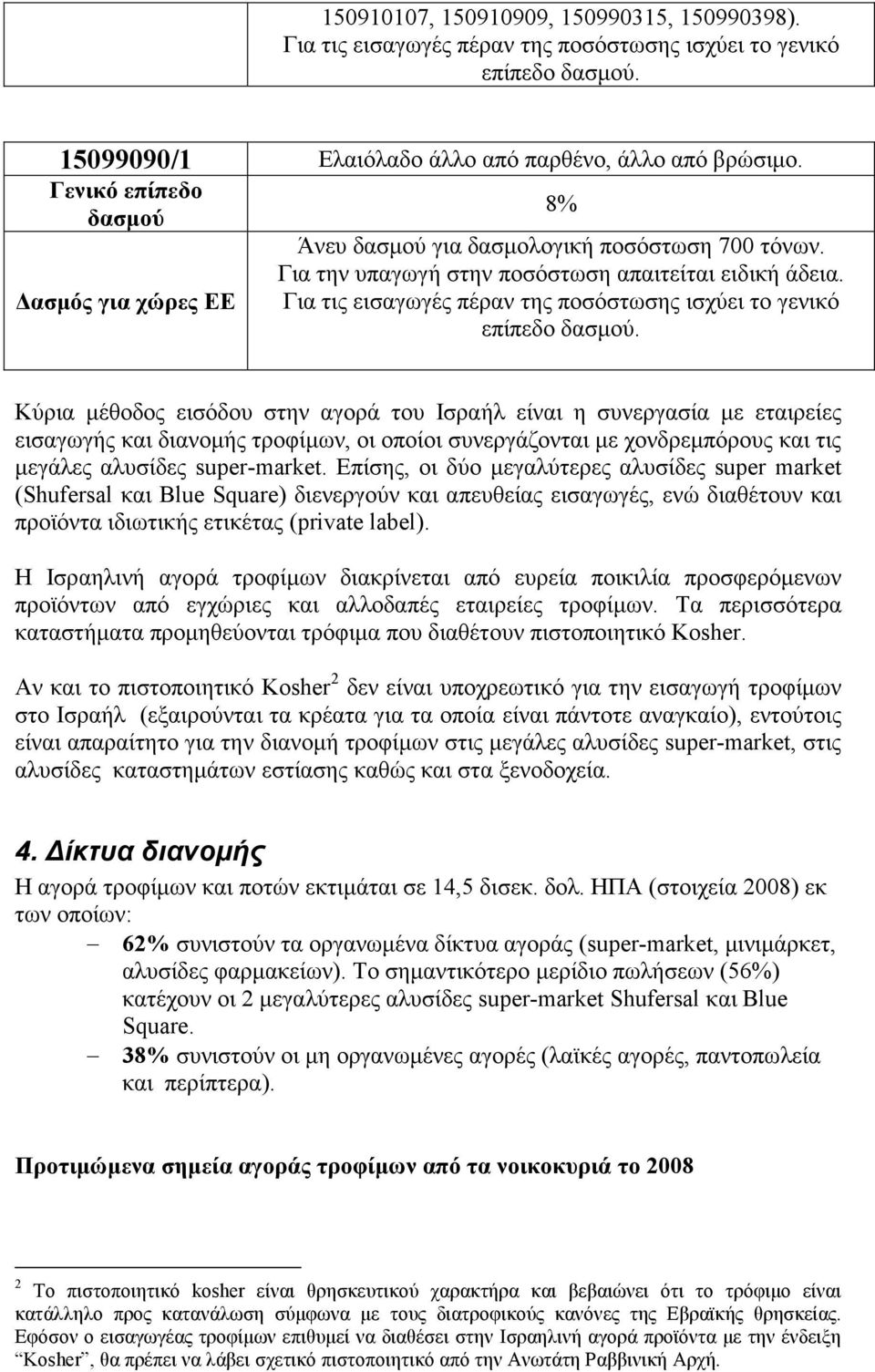 Κύρια μέθοδος εισόδου στην αγορά του Ισραήλ είναι η συνεργασία με εταιρείες εισαγωγής και διανομής τροφίμων, οι οποίοι συνεργάζονται με χονδρεμπόρους και τις μεγάλες αλυσίδες super-market.
