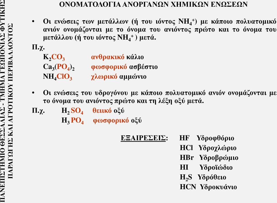 K 2 CO 3 ανθρακικό κάλιο Ca 3 (PO 4 ) 2 φωσφορικό ασβέστιο NH 4 ClO 3 χλωρικό αμμώνιο Οι ενώσεις του υδρογόνου με κάποιο πολυατομικό ανιόν ονομάζονται με το όνομα