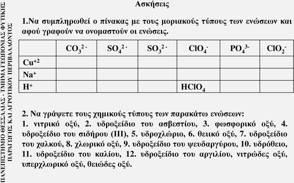 Cu +2 Νa + CO 3 2 - SO 4 2 - SO 3 2 - ClO 4 - PO 4 3- ClO 2 - H + HClO 4 2. Να γράψετε τους χημικούς τύπους των παρακάτω ενώσεων: 1. νιτρικό οξύ, 2.