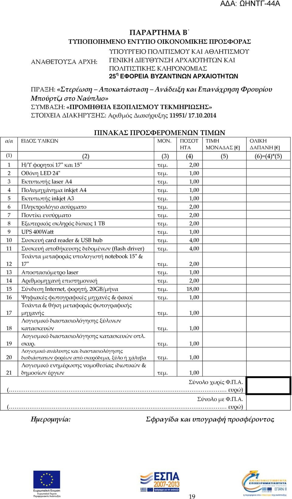 2014 ΠΙΝΑΚΑΣ ΠΡΟΣΦΕΡΟΜΕΝΩΝ ΤΙΜΩΝ α/α ΕΙΔΟΣ ΥΛΙΚΩΝ ΜΟΝ. ΠΟΣΟΤ ΗΤΑ ΤΙΜΗ ΜΟΝΑΔΑΣ [ ] ΟΛΙΚΗ ΔΑΠΑΝΗ [ ] (1) (2) (3) (4) (5) (6)=(4)*(5) 1 Η/Υ φορητοί 17" και 15" τεμ. 2,00 2 Οθόνη LED 24" τεμ.