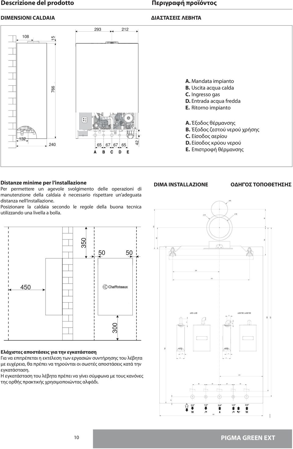 distanza nell installazione. Posizionare la caldaia secondo le regole della buona tecnica utilizzando una livella a bolla. DIMA INSTALLAZIONE 35 5 5 45 9 3 5 95 ΔΙΑΣΤΑΣΕΙΣ ΛΕΒΗΤΑ A.