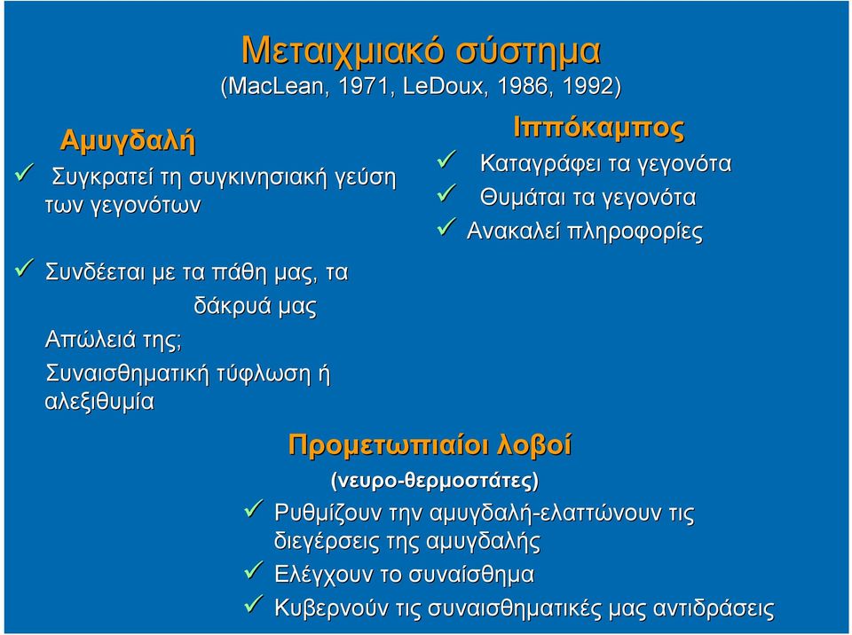 Καταγράφει τα γεγονότα Θυμάται τα γεγονότα Ανακαλεί πληροφορίες Προμετωπιαίοι λοβοί (νευρο-θερμοστάτες)