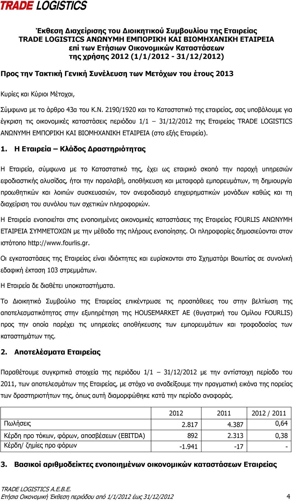 2190/1920 και το Καταστατικό της εταιρείας, σας υποβάλουμε για έγκριση τις οικονομικές καταστάσεις περιόδου 1/1 31/12/2012 της Εταιρείας TRADE LOGISTICS ΑΝΩΝΥΜΗ ΕΜΠΟΡΙΚΗ ΚΑΙ ΒΙΟΜΗΧΑΝΙΚΗ ΕΤΑΙΡΕΙΑ (στο