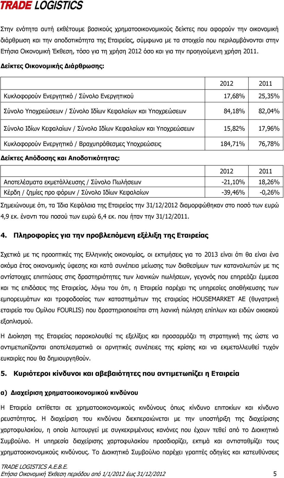 Δείκτες Οικονομικής Διάρθρωσης: 2012 2011 Κυκλοφορούν Ενεργητικό / Σύνολο Ενεργητικού 17,68% 25,35% Σύνολο Υποχρεώσεων / Σύνολο Ιδίων Κεφαλαίων και Υποχρεώσεων 84,18% 82,04% Σύνολο Ιδίων Κεφαλαίων /