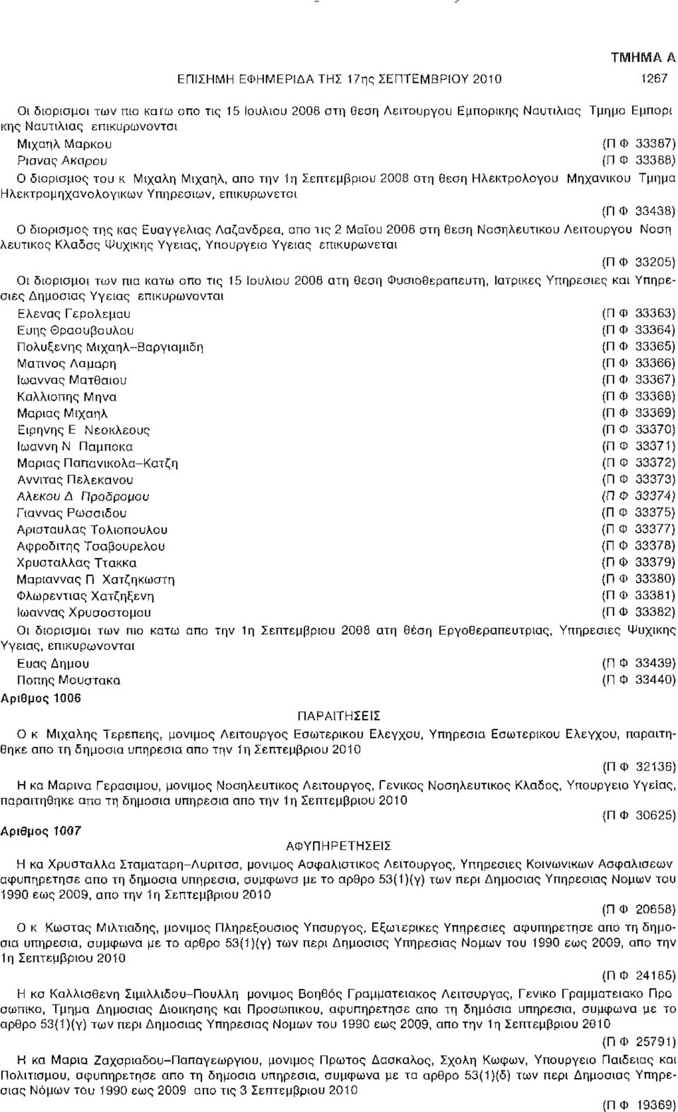 Ευαγγελίας Λαζανδρεα, απο τις 2 Μαΐου 2008 στη θέση Νοσηλευτικού Λειτουργού λευτικος Κλάδος Ψυχικής Υγείας, Υπουργείο Υγείας επικυρώνεται (Π Φ 33438) Νσση (Π Φ 33205) Οι διορισμοί των πιο κάτω απο