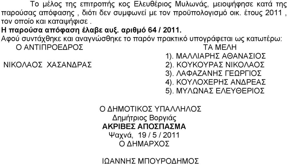 Αφού συντάχθηκε και αναγνώσθηκε το παρόν πρακτικό υπογράφεται ως κατωτέρω: Ο ΑΝΤΙΠΡΟΕΔΡΟΣ ΤΑ ΜΕΛΗ 1).