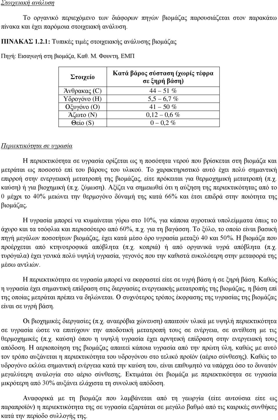 Φουντη, ΕΜΠ Στοιχείο Κατά βάρος σύσταση (χωρίς τέφρα σε ξηρή βάση) Άνθρακας (C) 44 51 % Υδρογόνο (H) 5,5 6,7 % Οξυγόνο (O) 41 50 % Άζωτο (N) 0,12 0,6 % Θείο (S) 0 0,2 % Περιεκτικότητα σε υγρασία Η