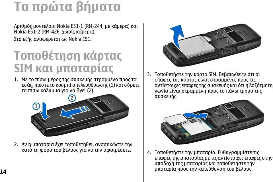 Βεβαιωθείτε ότι οι επαφές της κάρτας είναι στραµµένες προς τις αντίστοιχες επαφές της συσκευής και ότι η λοξότµητη γωνία είναι στραµµένη προς το πάνω τµήµα της συσκευής. 14 2.