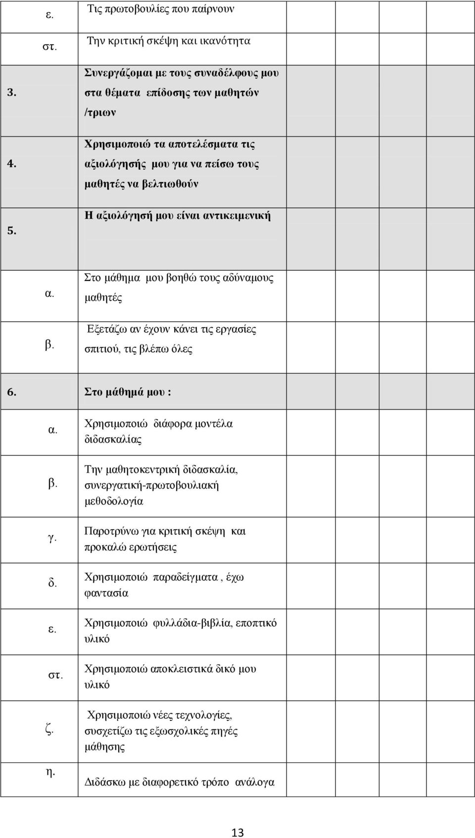 αντικειμενική α. β. Στο μάθημα μου βοηθώ τους αδύναμους μαθητές Εξετάζω αν έχουν κάνει τις εργασίες σπιτιού, τις βλέπω όλες 6. Στο μάθημά μου : α. β. γ. δ. ε. στ. ζ. η.