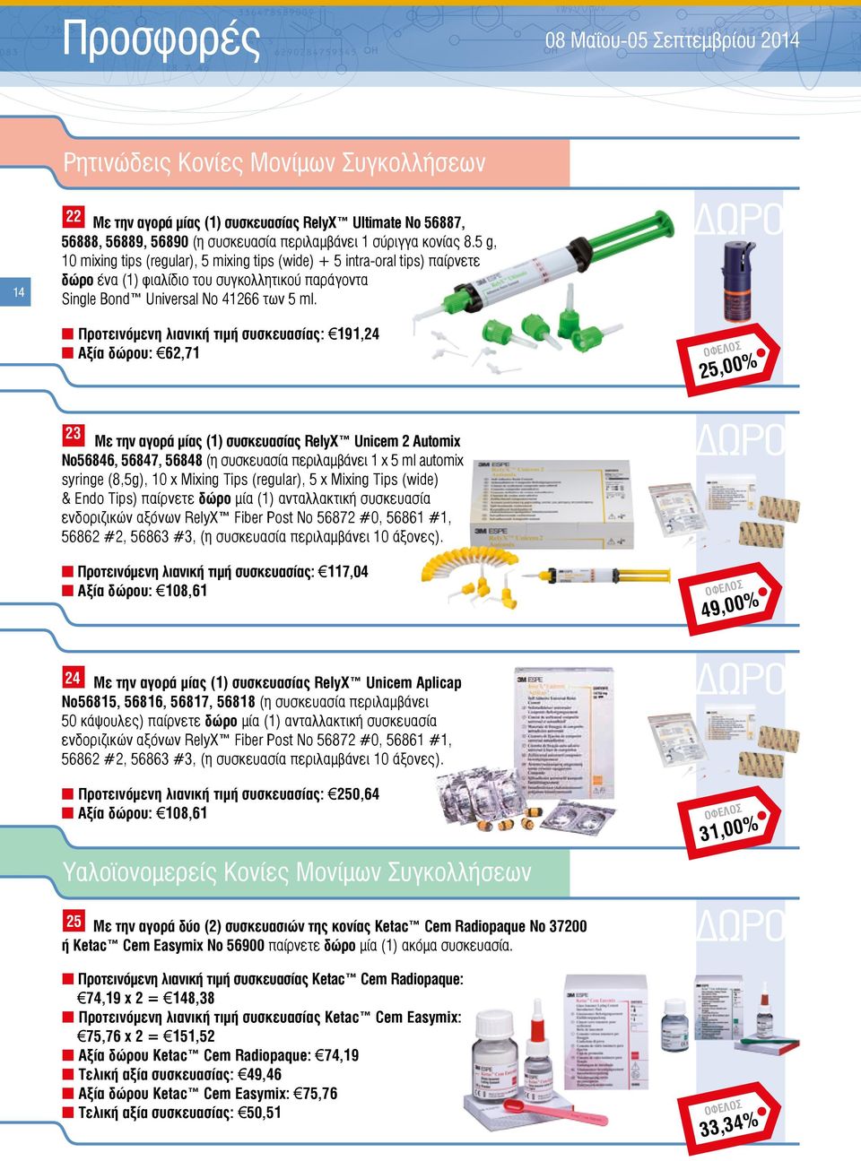 22 Προτεινόμενη λιανική τιμή συσκευασίας: 191,24 Αξία δώρου: 62,71 23 Με την αγορά μίας (1) συσκευασίας RelyX Unicem 2 Automix Νο56846, 56847, 56848 (η συσκευασία περιλαμβάνει 1 x 5 ml automix