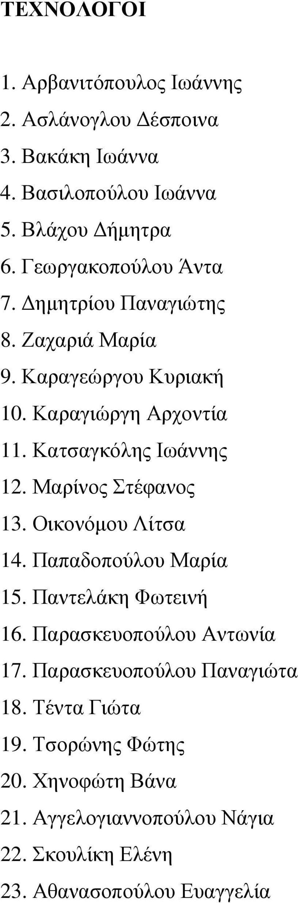 Κατσαγκόλης Ιωάννης 12. Μαρίνος Στέφανος 13. Οικονόµου Λίτσα 14. Παπαδοπούλου Μαρία 15. Παντελάκη Φωτεινή 16.