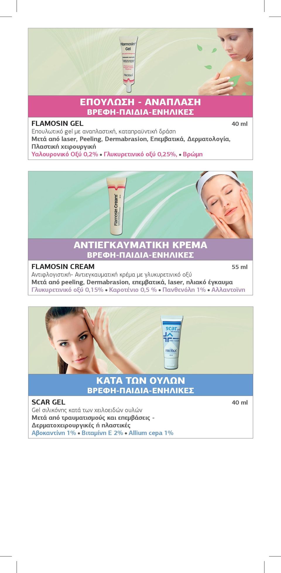 κρέμα με γλυκυρετινικό οξύ Mετά από peeling, Dermabrasion, επεμβατικά, laser, ηλιακό έγκαυμα Γλυκυρετινικό οξύ 0,15% καροτένιο 0,5 % Πανθενόλη 1% Αλλαντοϊνη ΚΑΤΑ ΤΩΝ ΟΥΛΩΝ