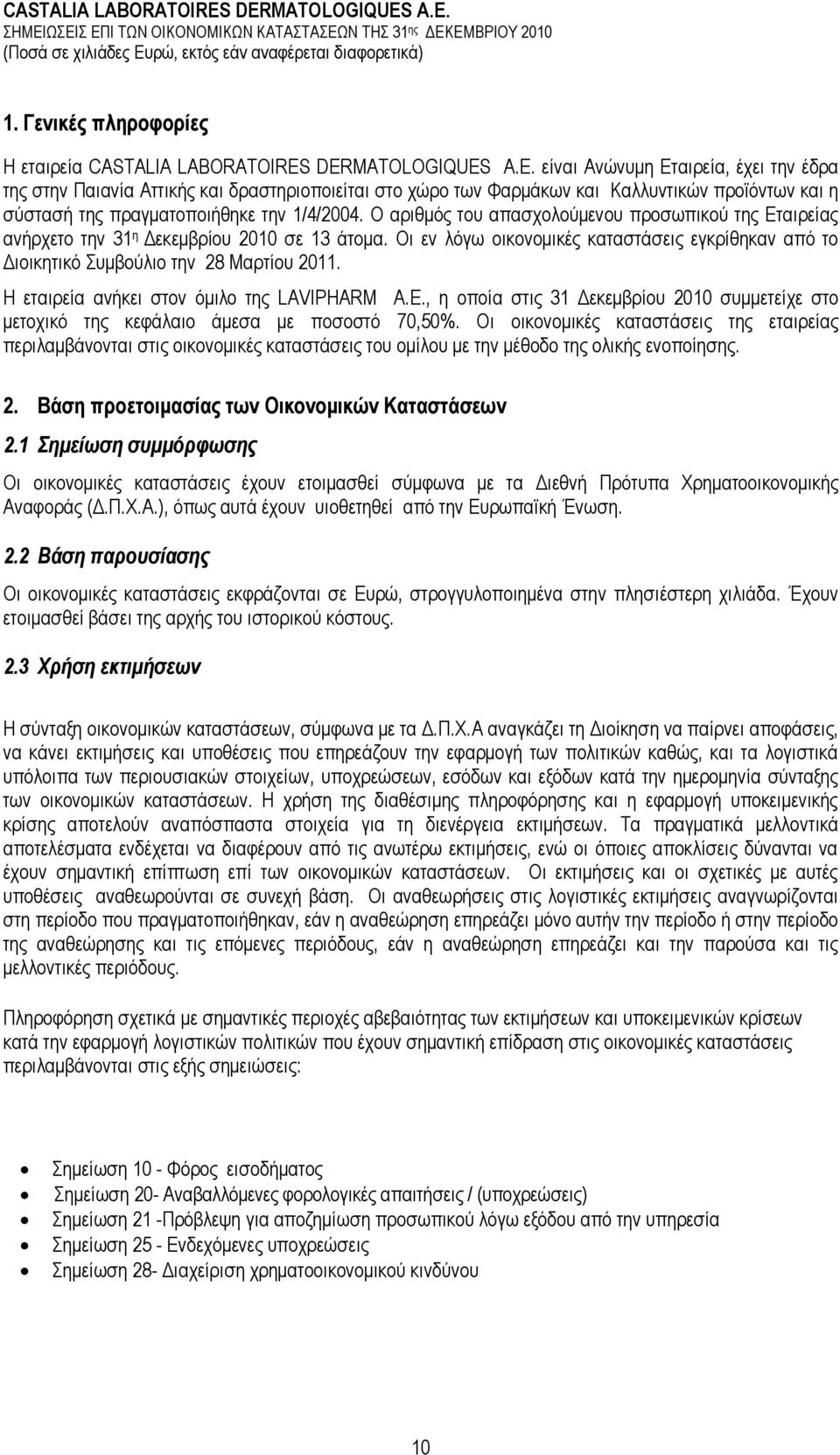 Ο αξηζκφο ηνπ απαζρνινχκελνπ πξνζσπηθνχ ηεο Δηαηξείαο αλήξρεην ηελ 31 ε Γεθεκβξίνπ 2010 ζε 13 άηνκα. Οη ελ ιφγσ νηθνλνκηθέο θαηαζηάζεηο εγθξίζεθαλ απφ ην Γηνηθεηηθφ πκβνχιην ηελ 28 Μαξηίνπ 2011.