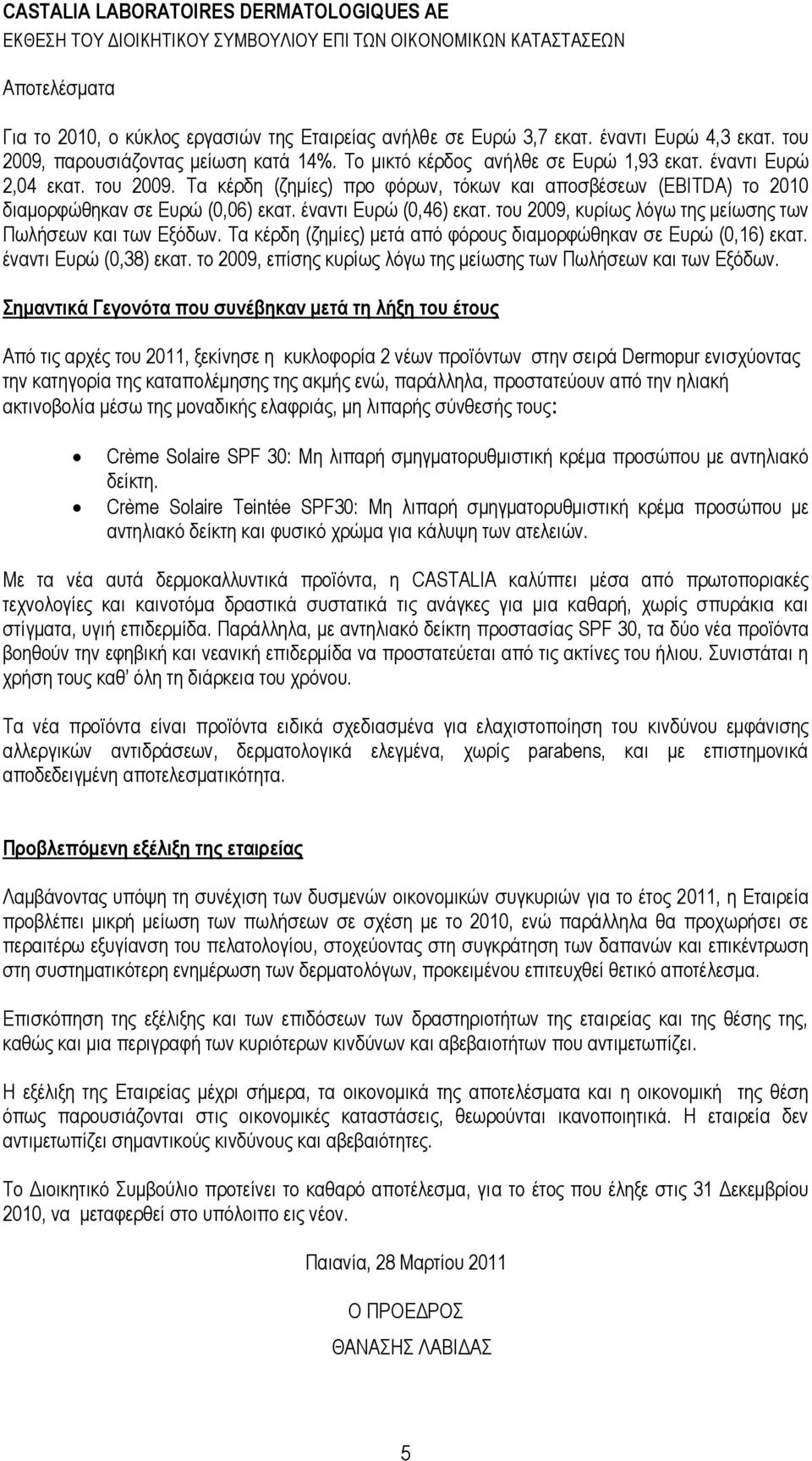 έλαληη Δπξψ (0,46) εθαη. ηνπ 2009, θπξίσο ιφγσ ηεο κείσζεο ησλ Πσιήζεσλ θαη ησλ Δμφδσλ. Σα θέξδε (δεκίεο) κεηά απφ θφξνπο δηακνξθψζεθαλ ζε Δπξψ (0,16) εθαη. έλαληη Δπξψ (0,38) εθαη.