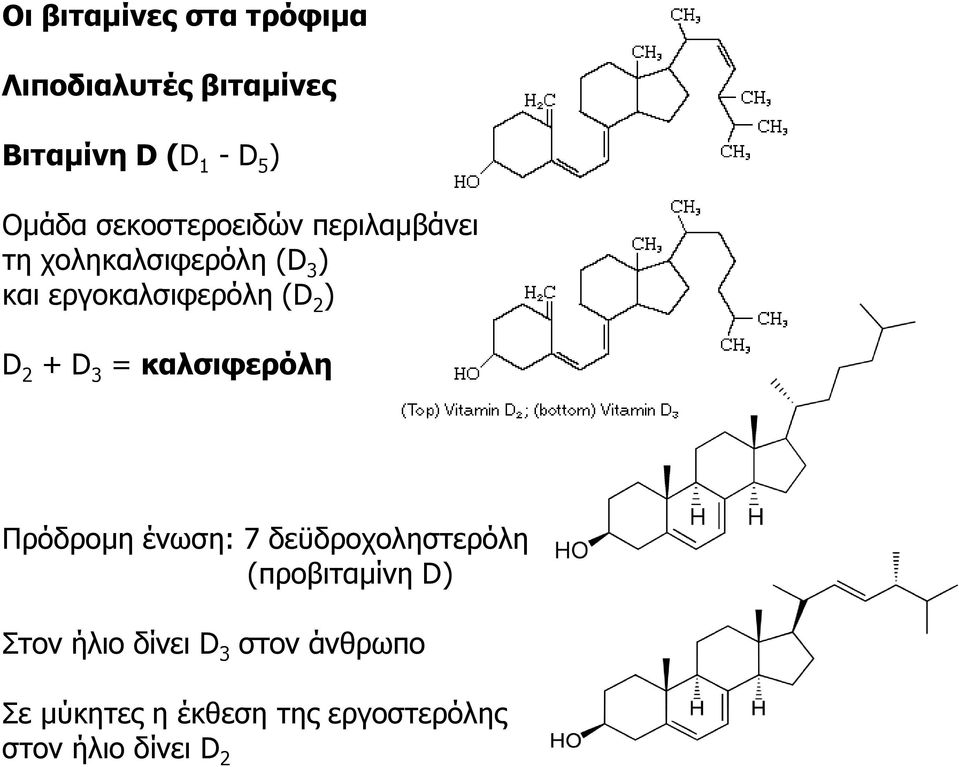 D 2 + D 3 = καλσιφερόλη Πρόδρομη ένωση: 7 δεϋδροχοληστερόλη (προβιταμίνη D) Στον