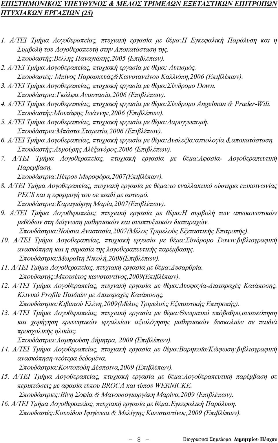 Α/ΤΕΙ Τμήμα Λογοθεραπείας, πτυχιακή εργασία με θέμα: Αυτισμός. Σπουδαστές: Μπίνος Παρασκευάς&Κωνσταντίνου Καλλιόπη,2006 (Επιβλέπων). 3.