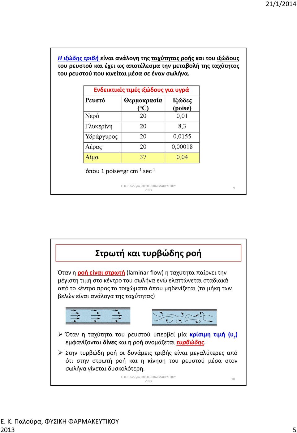 ροή Όταν η ροή είναι στρωτή (laminar flow) η ταχύτητα παίρνει την μέγιστη τιμή στο κέντρο του σωλήνα ενώ ελαττώνεται σταδιακά από το κέντρο προς τα τοιχώματα όπου μηδενίζεται (τα μήκη των βελών είναι