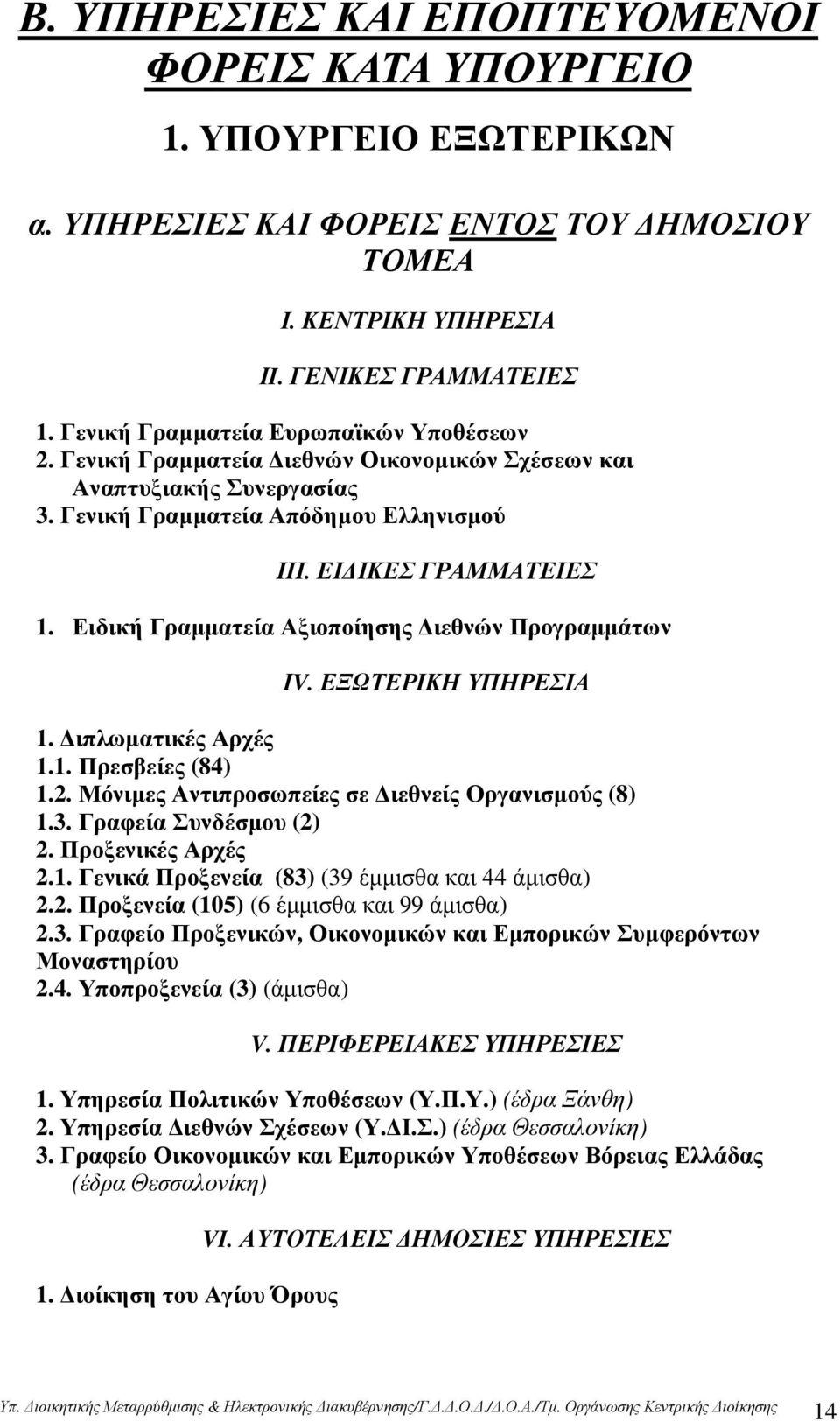 Ειδική Γραµµατεία Αξιοποίησης ιεθνών Προγραµµάτων ΙV. ΕΞΩΤΕΡΙΚΗ ΥΠΗΡΕΣΙΑ 1. ιπλωµατικές Αρχές 1.1. Πρεσβείες (84) 1.2. Μόνιµες Αντιπροσωπείες σε ιεθνείς Οργανισµούς (8) 1.3. Γραφεία Συνδέσµου (2) 2.