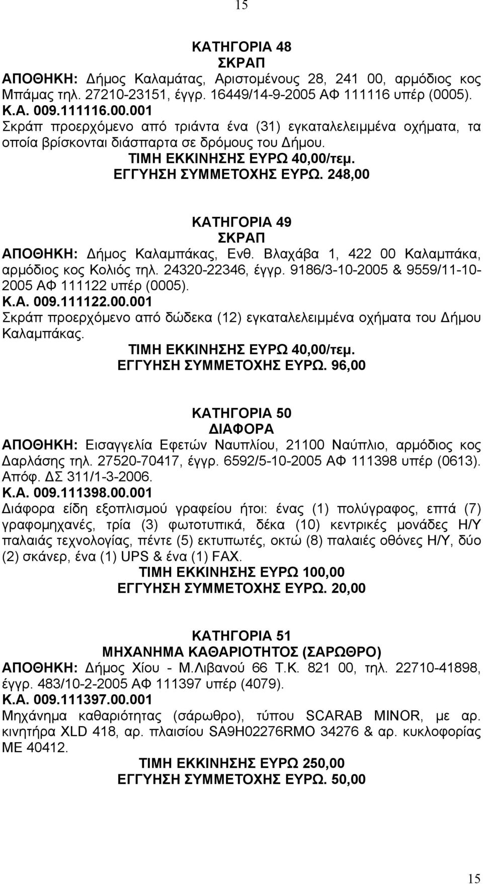 9186/3-10-2005 & 9559/11-10- 2005 ΑΦ 111122 υπέρ (0005). Κ.Α. 009.111122.00.001 Σκράπ προερχόµενο από δώδεκα (12) εγκαταλελειµµένα οχήµατα του ήµου Καλαµπάκας. ΤΙΜΗ ΕΚΚΙΝΗΣΗΣ ΕΥΡΩ 40,00/τεµ.