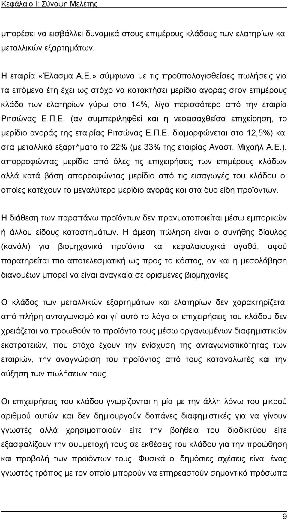 Π.Ε. (αν συμπεριληφθεί και η νεοεισαχθείσα επιχείρηση, το μερίδιο αγοράς της εταιρίας Ριτσώνας Ε.Π.Ε. διαμορφώνεται στο 12,5%) και στα μεταλλικά εξαρτήματα το 22% (με 33% της εταιρίας Αναστ. Μιχαήλ Α.