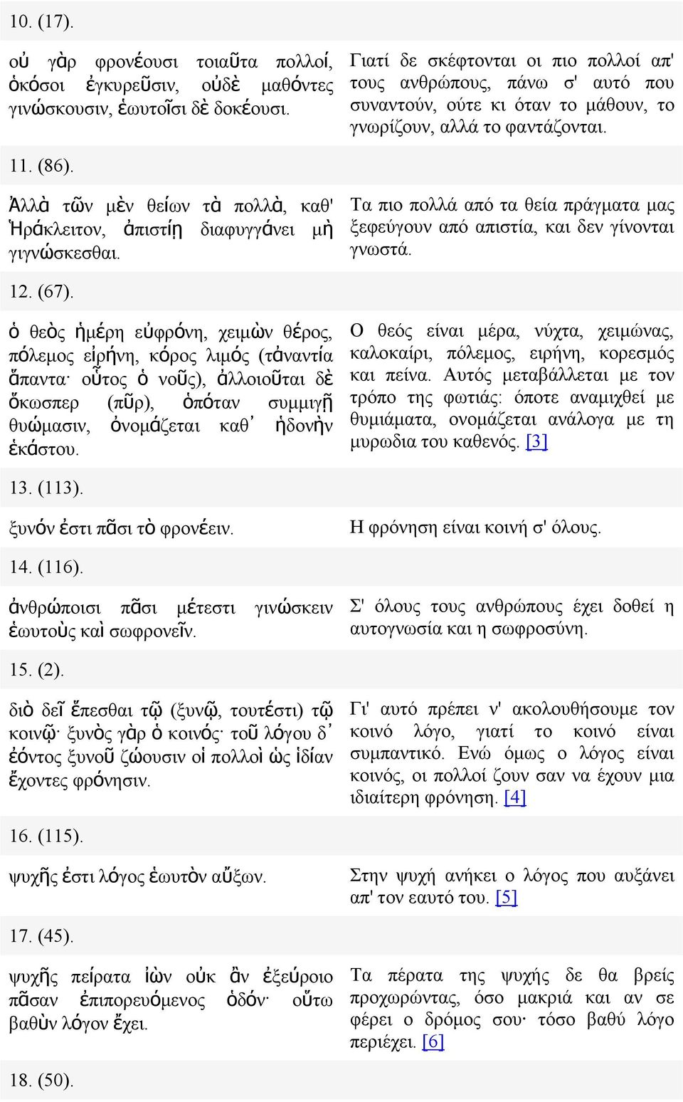 Ἀλλὰ τῶν µὲν θείων τὰ πολλὰ, καθ' Ἡράκλειτον, ἀπιστίῃ διαφυγγάνει µὴ γιγνώσκεσθαι. Τα πιο πολλά από τα θεία πράγµατα µας ξεφεύγουν από απιστία, και δεν γίνονται γνωστά. 12. (67).