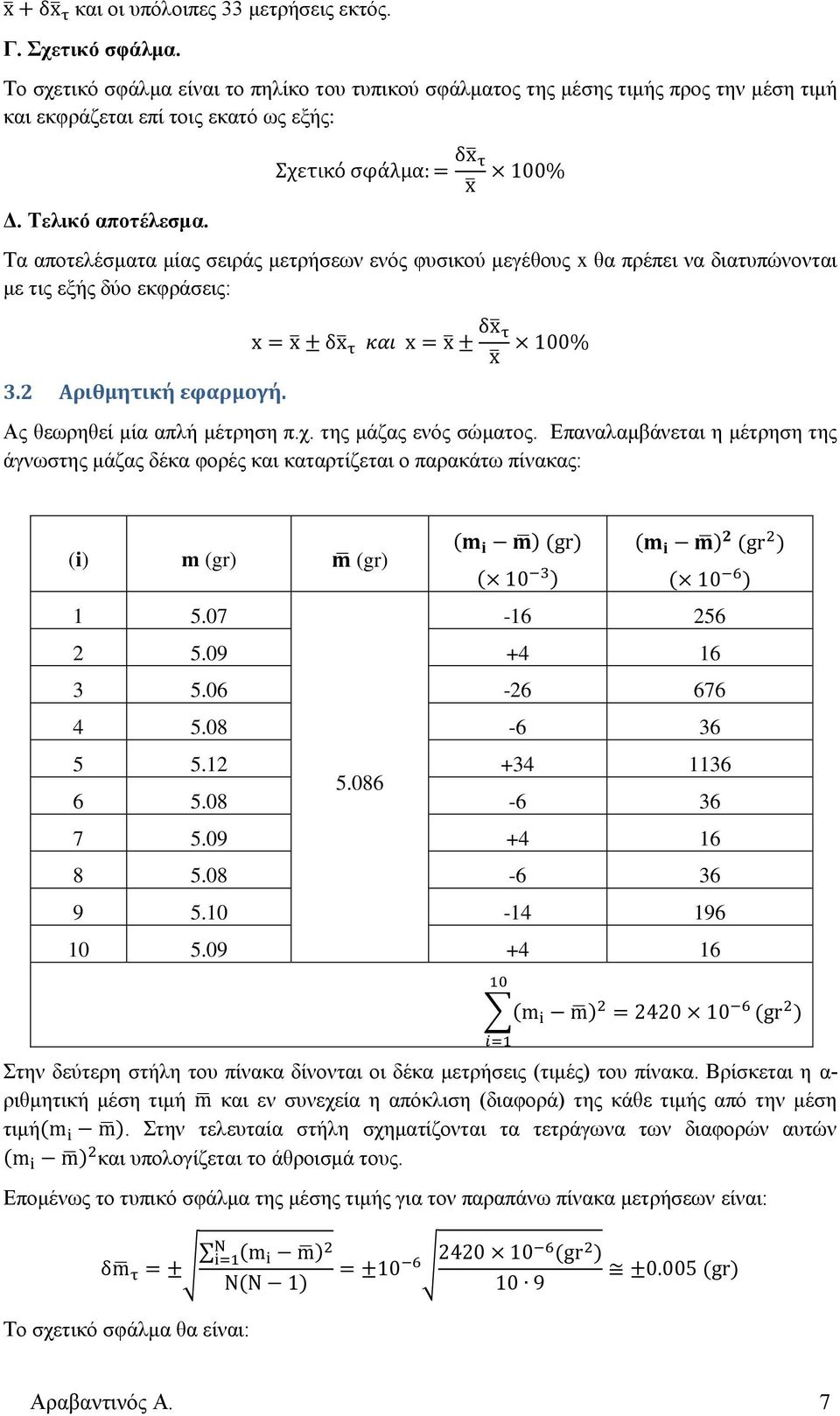 της μάζας ενός σώματος. Επαναλαμβάνεται η μέτρηση της άγνωστης μάζας δέκα φορές και καταρτίζεται ο παρακάτω πίνακας: i) m gr) gr) 1 5.07-16 256 2 5.09 +4 16 3 5.06-26 676 4 5.08-6 36 5 5.