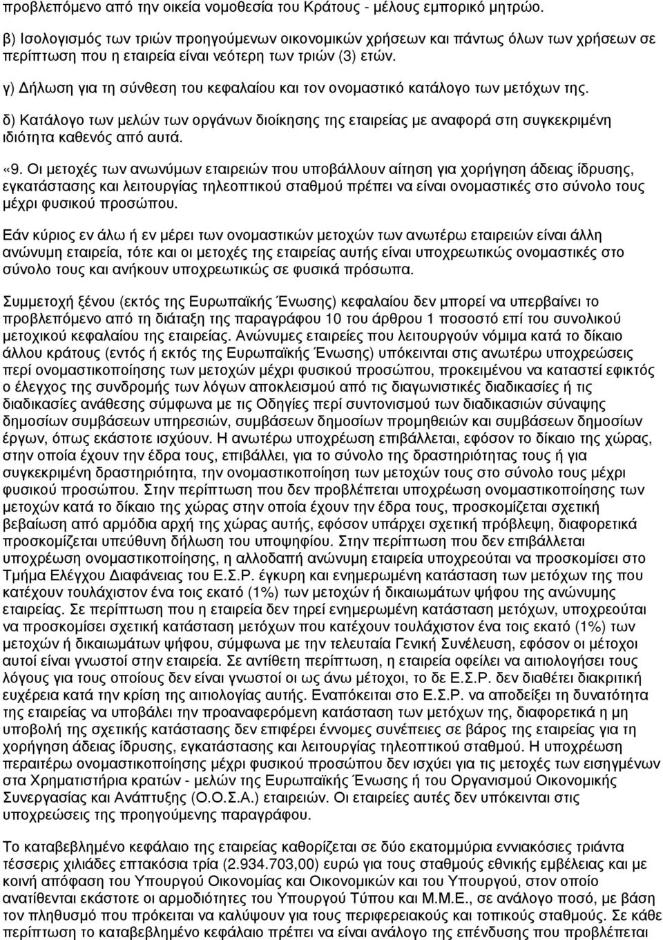 γ) Δήλωση για τη σύνθεση του κεφαλαίου και τον ονομαστικό κατάλογο των μετόχων της. δ) Κατάλογο των μελών των οργάνων διοίκησης της εταιρείας με αναφορά στη συγκεκριμένη ιδιότητα καθενός από αυτά. «9.