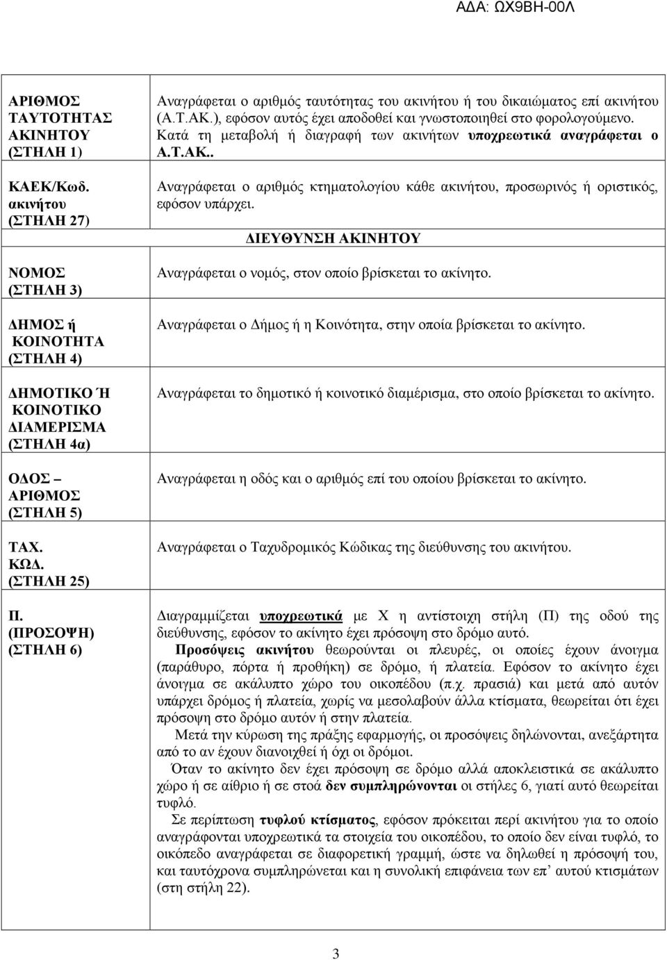 Κατά τη μεταβολή ή διαγραφή των ακινήτων υποχρεωτικά αναγράφεται ο Α.Τ.ΑΚ.. Αναγράφεται ο αριθμός κτηματολογίου κάθε ακινήτου, προσωρινός ή οριστικός, εφόσον υπάρχει.