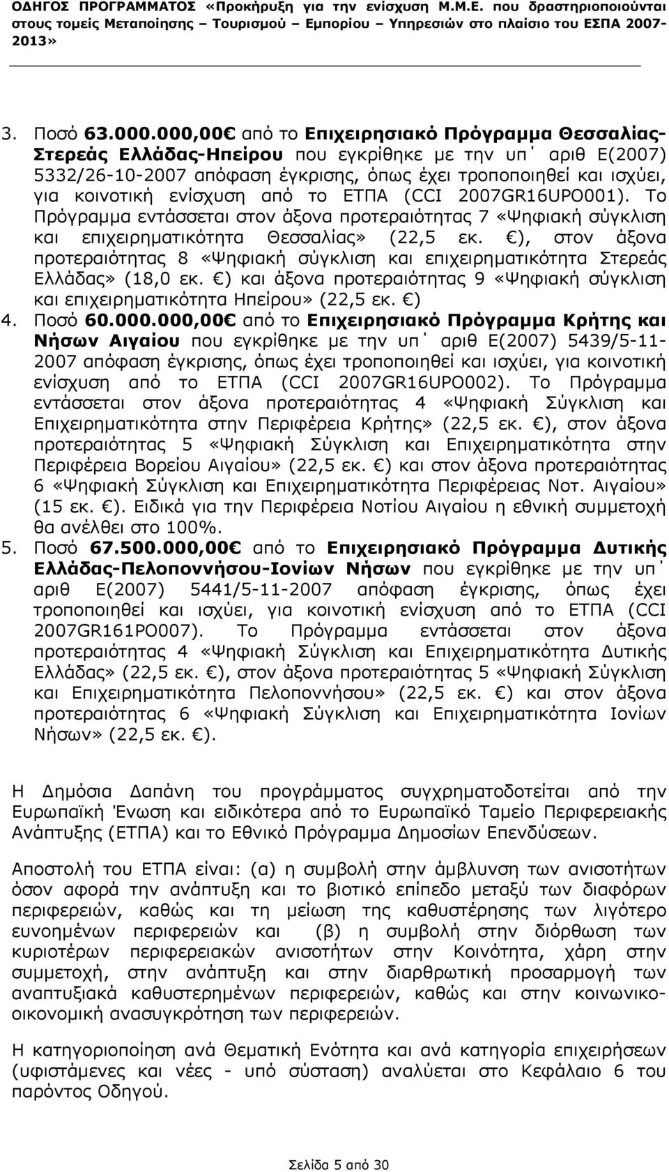 ενίσχυση από το ΕΤΠΑ (CCI 2007GR16UPO001). Το Πρόγραµµα εντάσσεται στον άξονα προτεραιότητας 7 «Ψηφιακή σύγκλιση και επιχειρηµατικότητα Θεσσαλίας» (22,5 εκ.