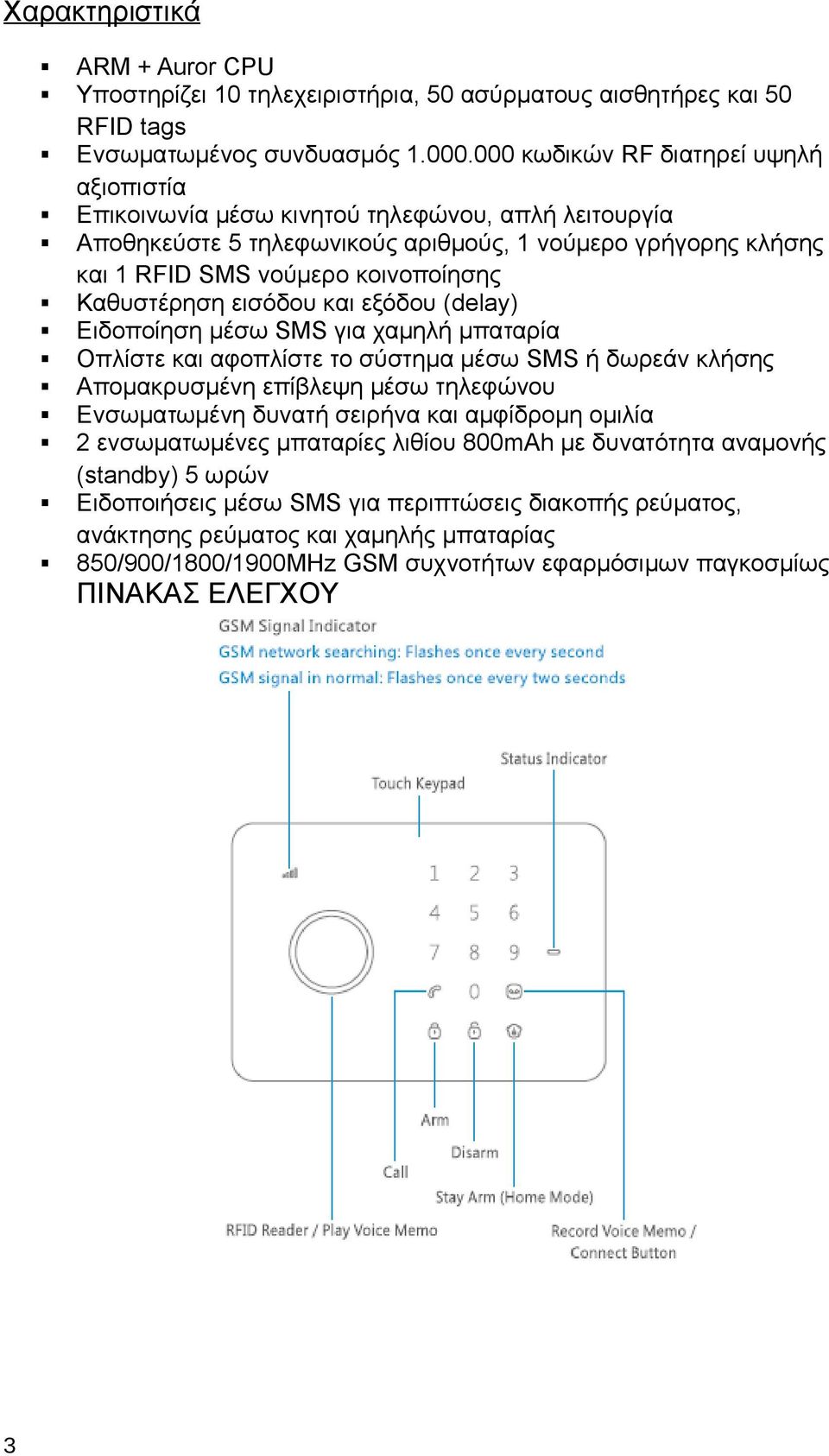 Καθυστέρηση εισόδου και εξόδου (delay) Ειδοποίηση μέσω SMS για χαμηλή μπαταρία Οπλίστε και αφοπλίστε το σύστημα μέσω SMS ή δωρεάν κλήσης Απομακρυσμένη επίβλεψη μέσω τηλεφώνου Ενσωματωμένη δυνατή