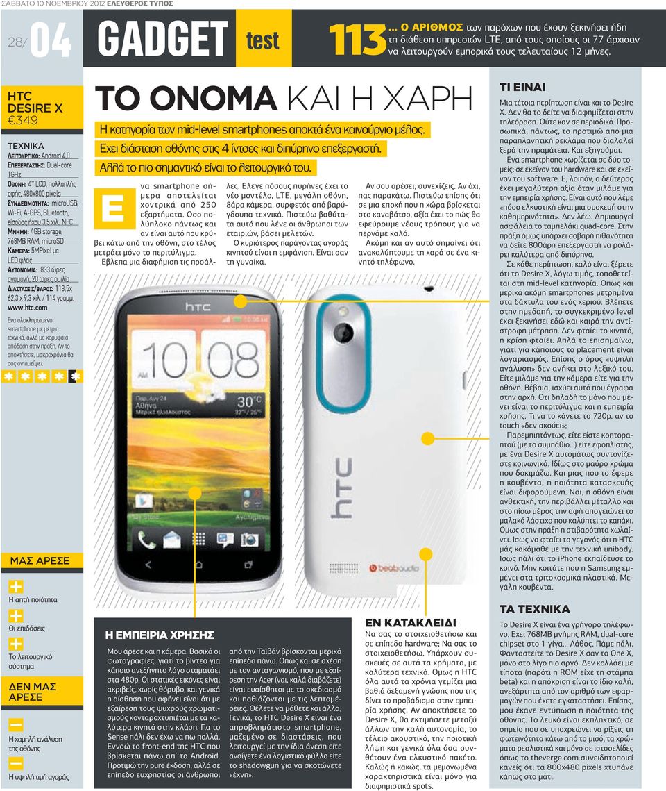 HTC DESIRE X 349 TΕΧΝΙΚΑ ΛΕΙΤΟΥΡΓΙΚΟ: Android 4,0 ΕΠΕΞΕΡΓΑΣΤΗΣ: Dual-core 1GHz ΟΘΟΝΗ: 4 LCD, πολλαπλής αφής, 480x800 pixels ΣΥΝ ΕΣΙΜΟΤΗΤA: microusb, Wi-Fi, A-GPS, Bluetooth, είσοδος ήχου 3,5 χιλ.