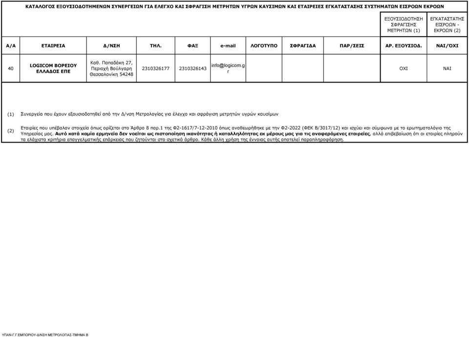 1 της Φ2-1617/7-12-2010 όπως αναθεωρήθηκε με την Φ2-2022 (ΦΕΚ Β/3017/12) και ισχύει και σύμφωνα με το ερωτηματολόγιο της Υπηρεσίας μας.