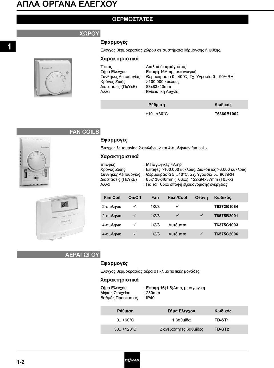 ..+30 C Κωδικός T6360B002 FAN COILS Ελεγχος λειτουργίας 2-σωλήνιων και 4-σωλήνιων fan coils. Επαφές : Μεταγωγικές 4Amp Χρόνος Ζωής : Επαφές >00.000 κύκλους, Διακόπτες >6.