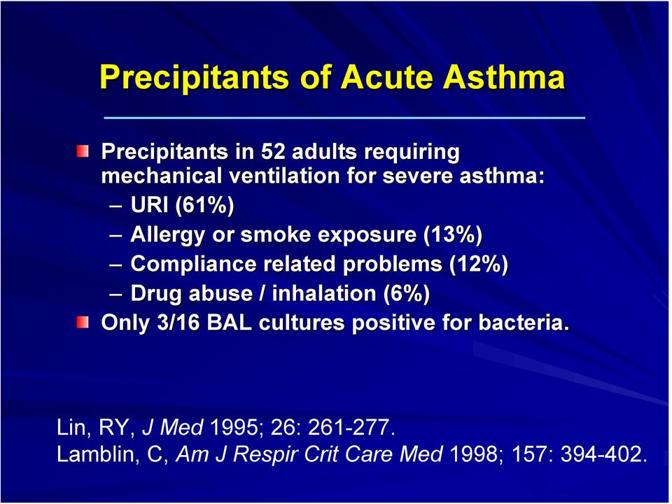 problems (12%) Drug abuse / inhalation (6%) Only 3/16 BAL cultures positive for