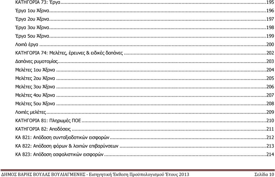 .. 206 Μελέτες 4ου Άξονα... 207 Μελέτες 5ου Άξονα... 208 Λοιπές µελέτες... 209 ΚΑΤΗΓΟΡΙΑ 81: Πληρωµές ΠΟΕ... 210 ΚΑΤΗΓΟΡΙΑ 82: Αποδόσεις.