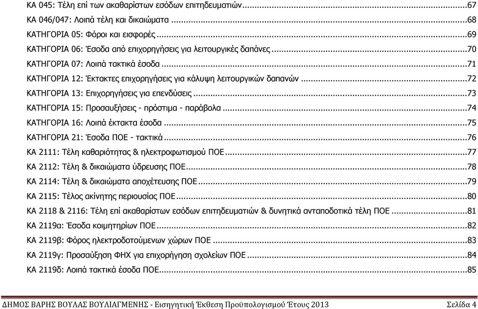 .. 72 ΚΑΤΗΓΟΡΙΑ 13: Επιχορηγήσεις για επενδύσεις... 73 ΚΑΤΗΓΟΡΙΑ 15: Προσαυξήσεις - πρόστιµα - παράβολα... 74 ΚΑΤΗΓΟΡΙΑ 16: Λοιπά έκτακτα έσοδα... 75 ΚΑΤΗΓΟΡΙΑ 21: Έσοδα ΠΟΕ - τακτικά.
