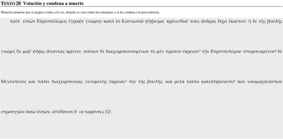 ταῦτ εἰπὼν Εὐρυπτόλεμος ἔγραψε γνώμην κατὰ τὸ Καννωνοῦ ψήφισμα κρίνεσθαι 1 τοὺς ἄνδρας δίχα ἕκαστον ἡ δὲ τῆς βουλῆς γνώμη ἦν μιᾷ 2 ψήφῳ