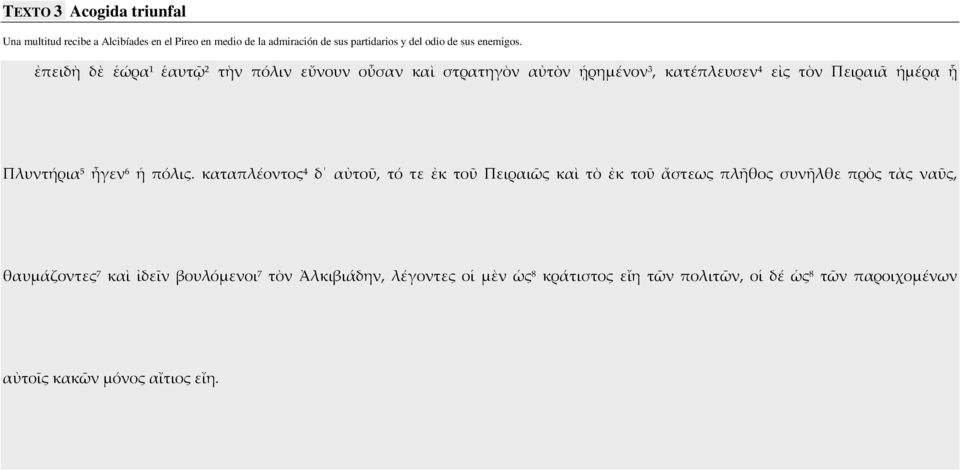 ἐπειδὴ δὲ ἑώρα 1 ἑαυτῷ 2 τὴν πόλιν εὔνουν οὖσαν καὶ στρατηγὸν αὐτὸν ᾑρημένον 3, κατέπλευσεν 4 εἰς τὸν Πειραιᾶ ἡμέρᾳ ᾗ Πλυντήρια 5 ἦγεν 6