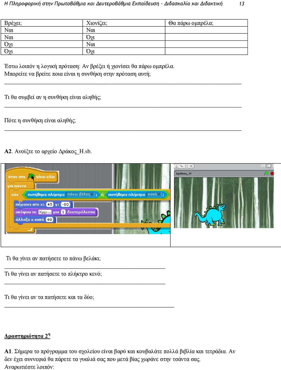 Ανοίξτε το αρχείο Δράκος_Η.sb. Τι θα γίνει αν πατήσετε το πάνω βελάκι; Τι θα γίνει αν πατήσετε το πλήκτρο κενό; Τι θα γίνει αν τα πατήσετε και τα δύο; Δραστηριότητα 2 η Α1.