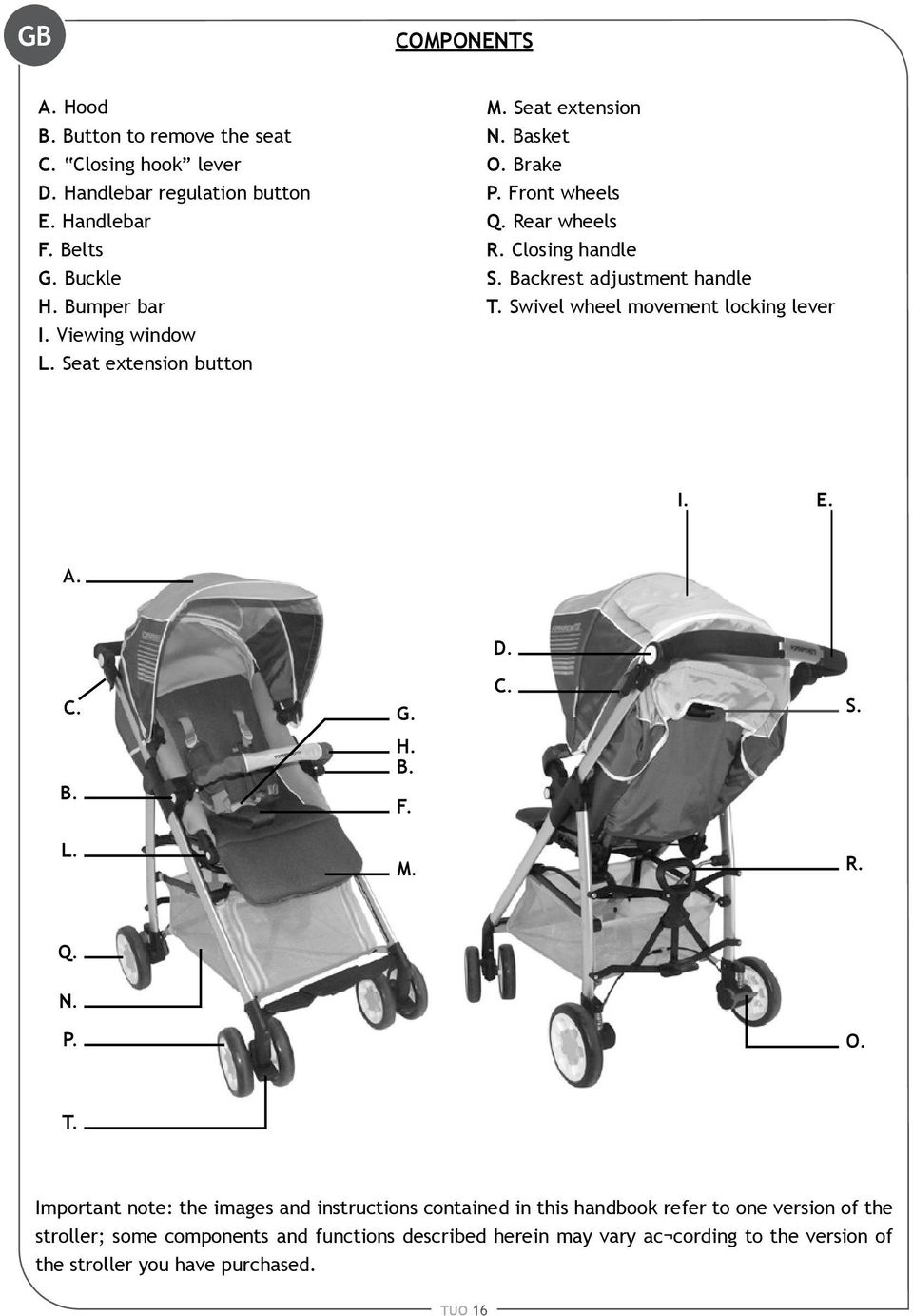 Swivel wheel movement locking lever I E A D C G C S B H B F L M R Q N P O T Important note: the images and instructions contained in this handbook